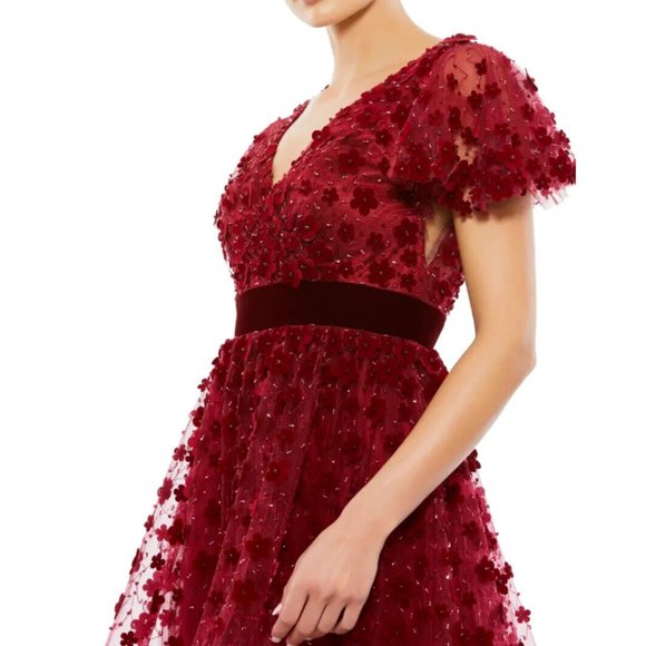 MAC DUGGAL FLORAL APPLIQUE VELVET TRIM COCKTAIL RED/BURGUNDY MIDI DRESS sz 4 - Picture 3 of 4